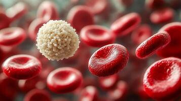 A white blood cell with a granular surface surrounded by many smooth red blood cells. photo