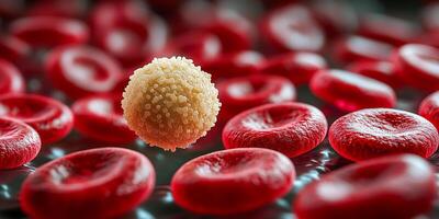 A white blood cell with a granular surface surrounded by many smooth red blood cells. photo