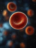 Red blood cell floating in a soft, blurred background. The vibrant, red cell stands out sharply with its smooth photo