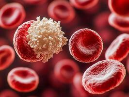 A white blood cell with a granular surface surrounded by many smooth red blood cells. photo