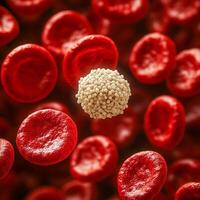 A white blood cell with a granular surface surrounded by many smooth red blood cells. photo