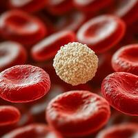A white blood cell with a granular surface surrounded by many smooth red blood cells. photo