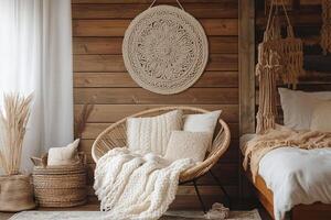 A boho living space Soft natural light and warm tones create a cozy, calming vibe. photo