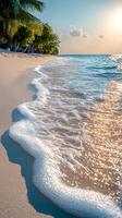 A photorealistic image of a serene tropical beach, featuring pristine white sand and crystal-clear turquoise water. photo