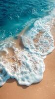 A photorealistic image of a serene tropical beach, featuring pristine white sand and crystal-clear turquoise water. photo