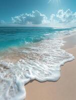 A photorealistic image of a serene tropical beach, featuring pristine white sand and crystal-clear turquoise water. photo