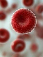 Red blood cell floating in a soft, blurred background. The vibrant, red cell stands out sharply with its smooth photo