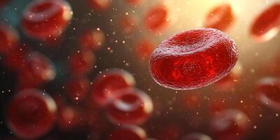 Red blood cell floating in a soft, blurred background. The vibrant, red cell stands out sharply with its smooth photo