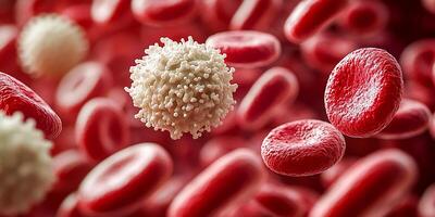 A white blood cell with a granular surface surrounded by many smooth red blood cells. photo
