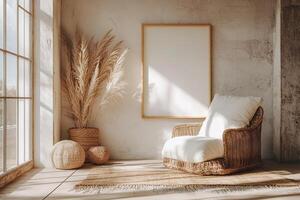 A boho living space Soft natural light and warm tones create a cozy, calming vibe. photo