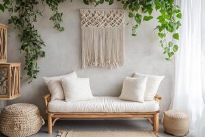 A boho living space Soft natural light and warm tones create a cozy, calming vibe. photo