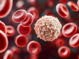 A white blood cell with a granular surface surrounded by many smooth red blood cells. photo