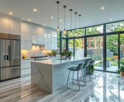 Minimalist kitchen featuring clean white cabinetry, sleek countertops, and modern appliances. photo