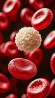 A white blood cell with a granular surface surrounded by many smooth red blood cells. photo