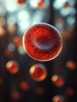 Red blood cell floating in a soft, blurred background. The vibrant, red cell stands out sharply with its smooth photo