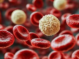 A white blood cell with a granular surface surrounded by many smooth red blood cells. photo