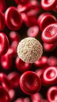 A white blood cell with a granular surface surrounded by many smooth red blood cells. photo