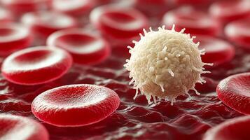 A white blood cell with a granular surface surrounded by many smooth red blood cells. photo