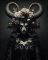 A person in a dark lace garment with floral patterns, wearing a headpiece adorned with large, curved horns and white roses, set against a dark background, creating a mysterious and artistic portrait photo