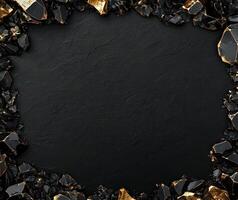 Elegant dark background with golden accents and textured surface, framed by rocks, creating a sophisticated border. Luxurious black textured backdrop with sparkling gold crystals and black gemstones photo