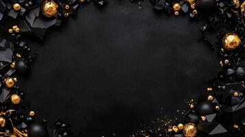 Elegant dark background with golden accents and textured surface, framed by rocks, creating a sophisticated border. Luxurious black textured backdrop with sparkling gold crystals and black gemstones photo