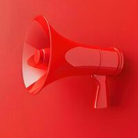 A bright red megaphone is positioned against a vibrant red background. The megaphone is angled slightly towards the viewer, creating a dynamic and eye-catching composition. photo