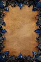 A vintage, aged parchment paper with a jagged frame of dark blue gemstones, creating a sense of mystery and antiquity photo