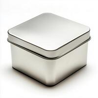 Rectangular tin box with an open lid. Metal box for various purposes. Isolate on a white back photo
