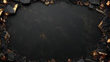 Elegant dark background with golden accents and textured surface, framed by rocks, creating a sophisticated border. Luxurious black textured backdrop with sparkling gold crystals and black gemstones photo