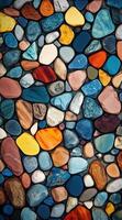 Colorful smooth pebbles tightly packed, creating a vibrant mosaic pattern. Multicolored background. photo