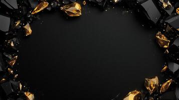 Elegant dark background with golden accents and textured surface, framed by rocks, creating a sophisticated border. Luxurious black textured backdrop with sparkling gold crystals and black gemstones photo