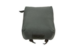 A green tactical barricade bag is isolated on a white. The bag is designed to provide a stable rest for firearms when shooting from elevated or uneven surfaces. photo