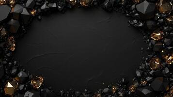 Elegant dark background with golden accents and textured surface, framed by rocks, creating a sophisticated border. Luxurious black textured backdrop with sparkling gold crystals and black gemstones photo