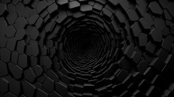 A black tunnel made of hexagonal tiles, creating a sense of depth and abstraction, ideal for futuristic or technological backgrounds. photo