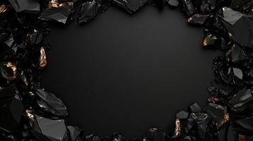 Elegant dark background with golden accents and textured surface, framed by rocks, creating a sophisticated border. Luxurious black textured backdrop with sparkling gold crystals and black gemstones photo
