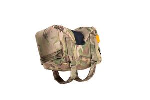 A tactical barricade bag in a camouflage pattern. The bag is designed to provide stability for firearms when shooting from barricades or uneven surfaces.Isolate on white back. photo