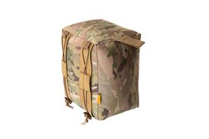 A tactical barricade bag in a camouflage pattern. The bag is designed to provide stability for firearms when shooting from barricades or uneven surfaces.Isolate on white back. photo
