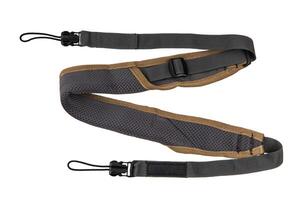 Adjustable black and brown camera strap with hooks, isolated on white background, ideal for photography enthusiasts. photo