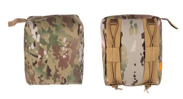 A tactical barricade bag in a camouflage pattern. The bag is designed to provide stability for firearms when shooting from barricades or uneven surfaces.Isolate on white back. photo