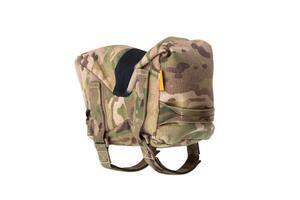 A tactical barricade bag in a camouflage pattern. The bag is designed to provide stability for firearms when shooting from barricades or uneven surfaces.Isolate on white back. photo