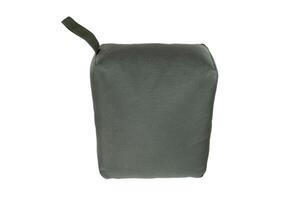 A green tactical barricade bag is isolated on a white. The bag is designed to provide a stable rest for firearms when shooting from elevated or uneven surfaces. photo