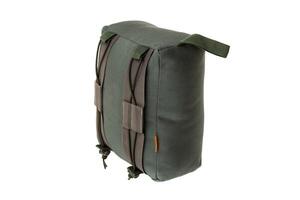 A green tactical barricade bag is isolated on a white. The bag is designed to provide a stable rest for firearms when shooting from elevated or uneven surfaces. photo