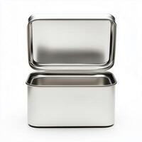 Rectangular tin box with an open lid. Metal box for various purposes. Isolate on a white back photo