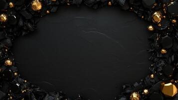 Elegant dark background with golden accents and textured surface, framed by rocks, creating a sophisticated border. Luxurious black textured backdrop with sparkling gold crystals and black gemstones photo