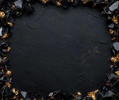 Elegant dark background with golden accents and textured surface, framed by rocks, creating a sophisticated border. Luxurious black textured backdrop with sparkling gold crystals and black gemstones photo
