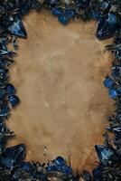 A vintage, aged parchment paper with a jagged frame of dark blue gemstones, creating a sense of mystery and antiquity photo