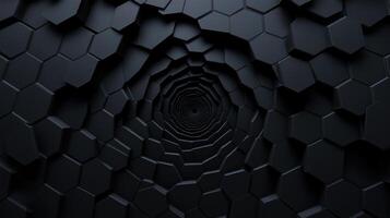 A black tunnel made of hexagonal tiles, creating a sense of depth and abstraction, ideal for futuristic or technological backgrounds. photo