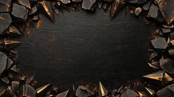 Dark and dramatic fantasy background featuring sharp, jagged black rocks with metallic gold accents, creating a luxurious and mystical atmosphere, perfect for game design, posters, or digital art photo