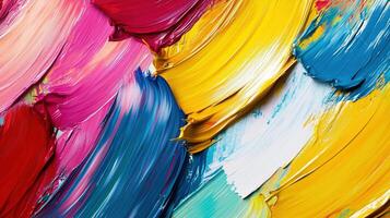 Close-up of vibrant, textured strokes of multicolored paint creating an abstract and visually stimulating pattern. Multicolored back photo