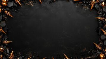 Dark and dramatic fantasy background featuring sharp, jagged black rocks with metallic gold accents, creating a luxurious and mystical atmosphere, perfect for game design, posters, or digital art photo